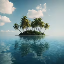 an island with two trees, with several palm trees on it