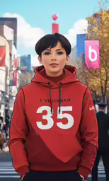 a woman posing for the camera wearing a red hoodie