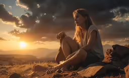 a beautiful blonde woman sitting on a rock looking out to the mountains