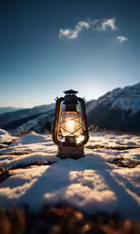 a small lantern is lit on a bed of snow