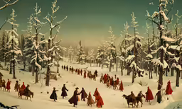 several people on horses in a snowy forest