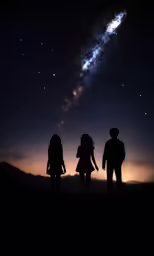three people standing in the dark looking up at the sky