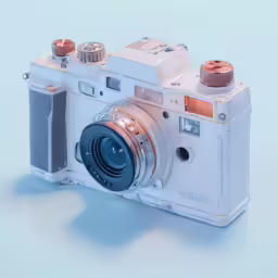 a camera made out of a white leather and copper trim