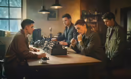 people gathered around a work table with old typewriters