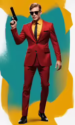 a man in red suit holding a gun