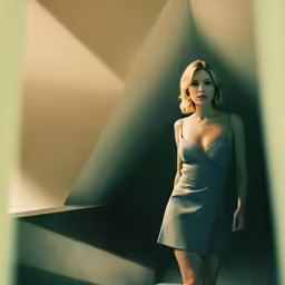 a woman standing on a concrete step in a dress