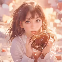 a young lady holding a chocolate heart shaped treat