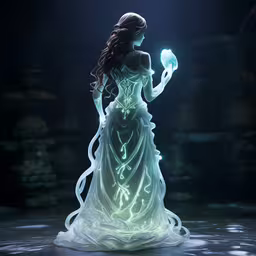 woman in dress holding a glowing crystal ball,a woman dressed in white holds a glowing object