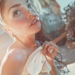 a woman wearing a white dress and holding an umbrella