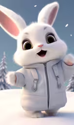 a cartoon character dressed in white posing with trees in the background,a white bunny rabbit dressed in white snow gear