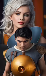 a woman wearing a white shirt and a man with a gold helmet