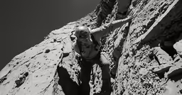 a man is climbing up a snow covered mountain