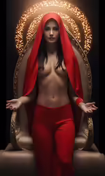 a woman is dressed in red pants and a hood