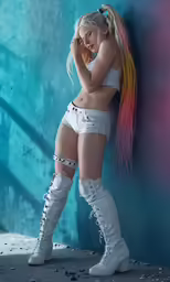 a woman in white clothing is leaning against a wall