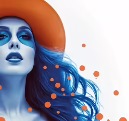 a beautiful woman with blue hair is wearing orange