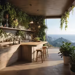 a room with various plants, a counter, and a sink