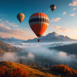 three balloons fly over the hills in a misty sky