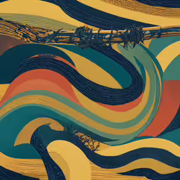 a very artistic painting that looks like a wave,an abstract painting, which has a train traveling on the tracks