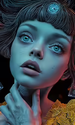 a close up of a woman with her hands under her chin