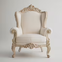 a chair with ornate wooden frame and fabric upholster