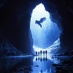 three people are standing in the middle of a cave