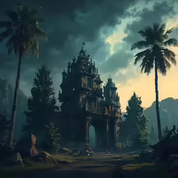an old building with tall palm trees in front of it