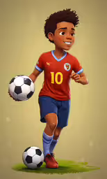 a cartoon boy holding a soccer ball on a field,a young soccer player in uniform with the ball