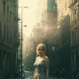 a woman stands in an alley while looking out at a nearby building
