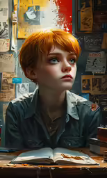 a boy with red hair sitting at a table and looking over a book