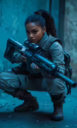 the woman in an action outfit poses with her rifle