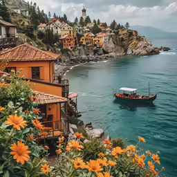 a boat is sailing by several beautiful houses on the water