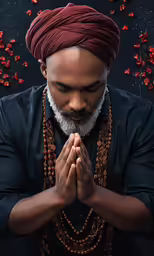 man praying with beads and flowers around him