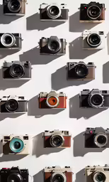 several vintage cameras, some mostly with the same lens size