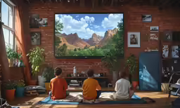 people sitting on a rug watching television in a room