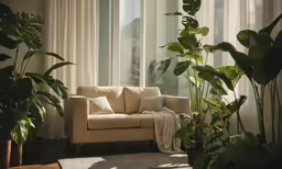 a living room with a white couch and a window