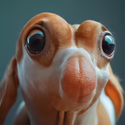 a closeup of a brown and white dog with black eyes