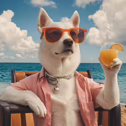 a man in a pink shirt and sunglasses is holding a glass with orange juice
