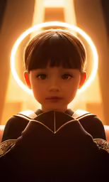 a young girl in black with a halo around her head