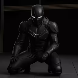 an armored man crouches with his arms behind him