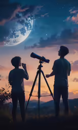 two people standing in the grass looking at a telescope
