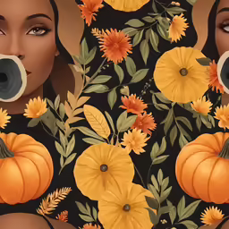 a beautiful woman with flowers and pumpkins on her face
