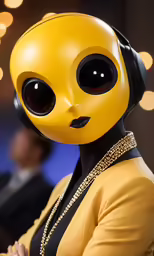 a woman wearing headphones and wearing a yellow jacket