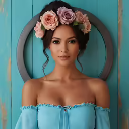 a woman is wearing a flower crown on her head