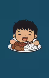 a child eating chicken and rice with a blue background