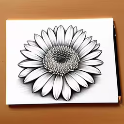 the sunflower drawing is on a white paper,a drawing of a sunflower with black and white background