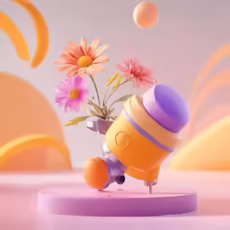 a baby toy that is holding a flower in its mouth