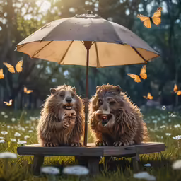 two animals standing under an umbrella on a bench in the grass