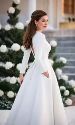 a woman wearing white and standing near a building