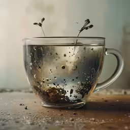 a glass filled with water and plants on top of a table