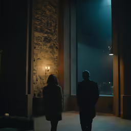 a man and woman standing in the dark